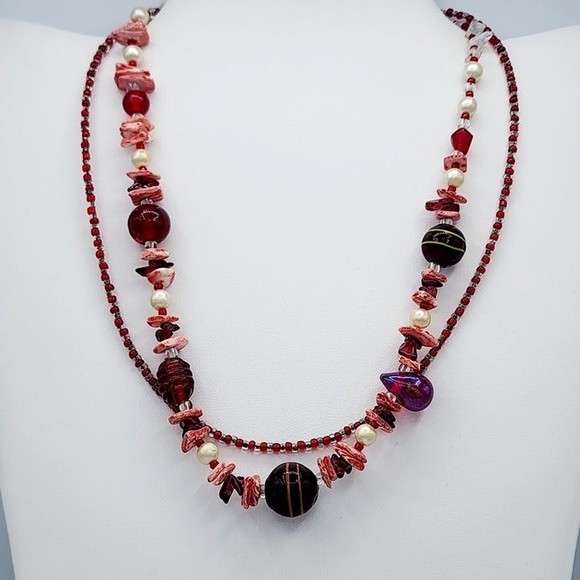 Murano Style Art Glass & Sea Shell Necklace 17"  Double Strand Seed Bead Pearls - Picture 2 of 4